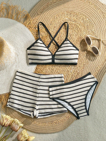 Kids Tween Girl/Tween Girls Black And White Stripe Tankini 3 PiecesBeach Pool Partywear Set, Shorts, Casual Holiday Beach Swimwear, Fashion Summer