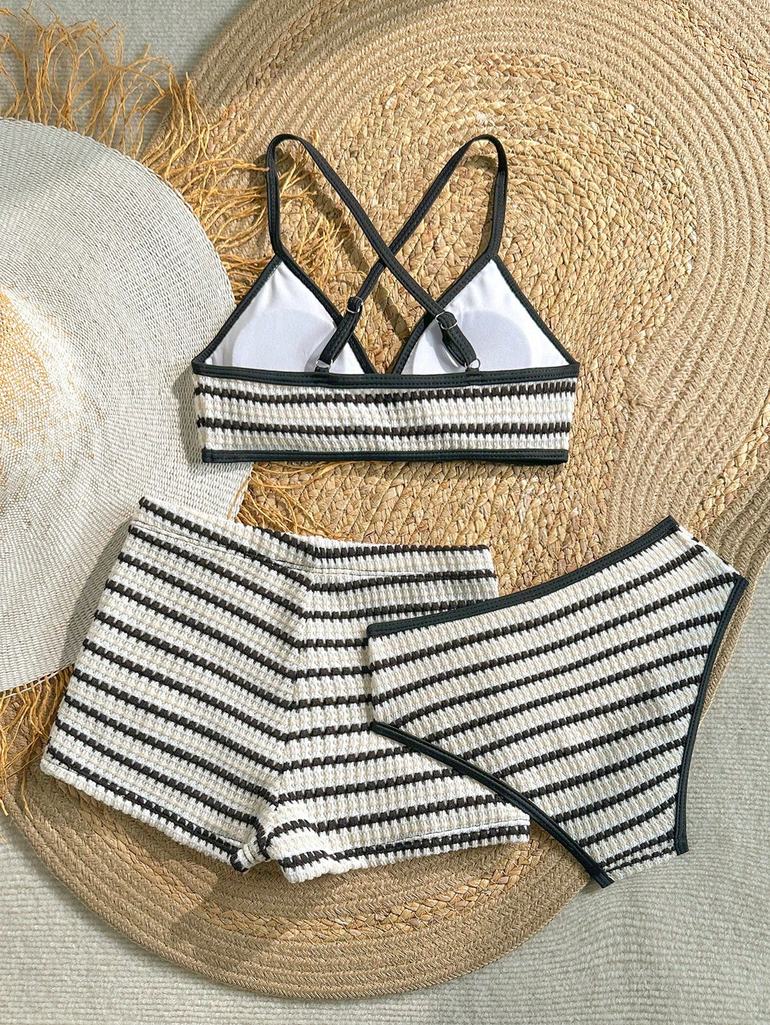 Kids Tween Girl/Tween Girls Black And White Stripe Tankini 3 PiecesBeach Pool Partywear Set, Shorts, Casual Holiday Beach Swimwear, Fashion Summer