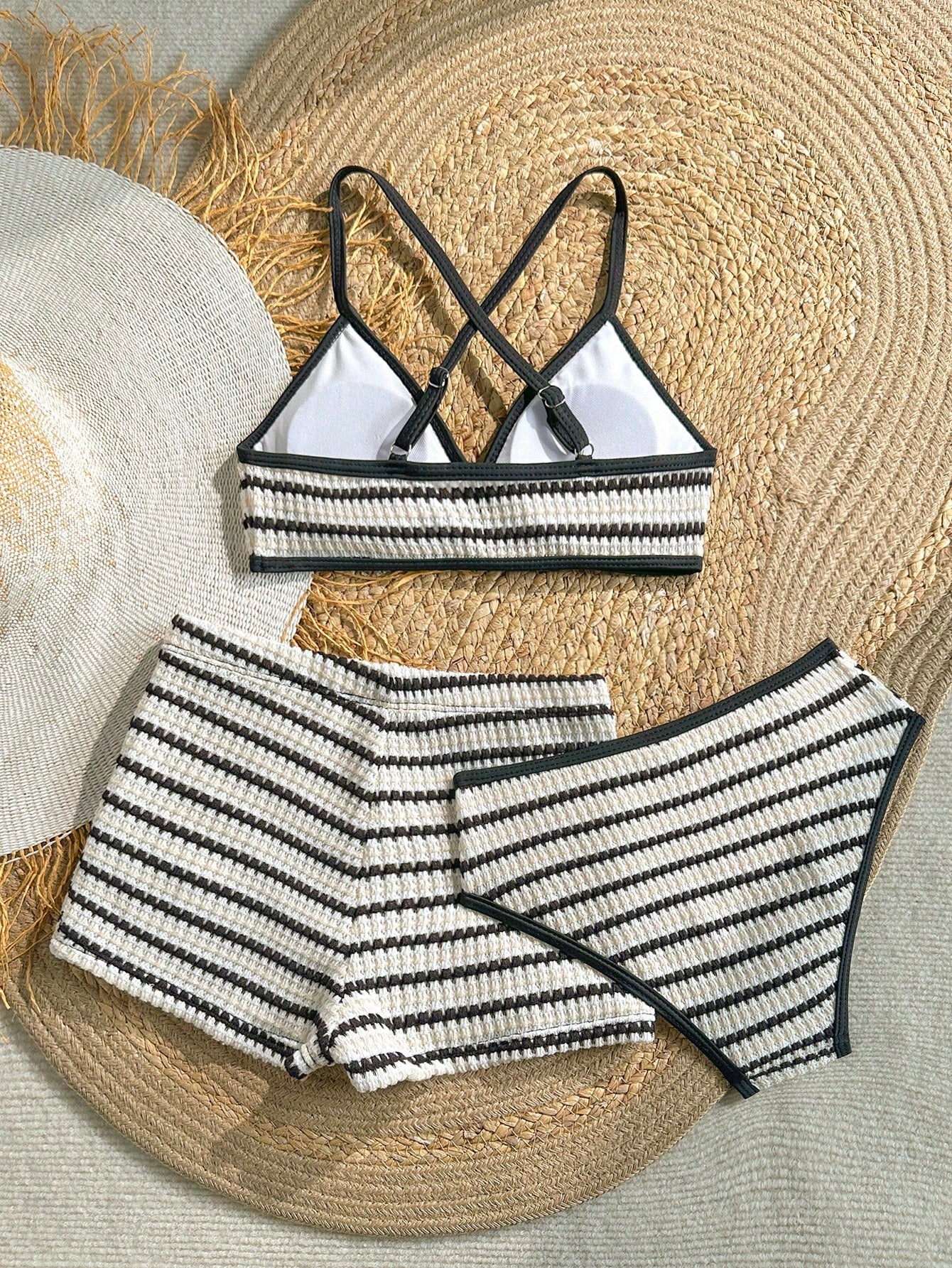 Kids Tween Girl/Tween Girls Black And White Stripe Tankini 3 PiecesBeach Pool Partywear Set, Shorts, Casual Holiday Beach Swimwear, Fashion Summer