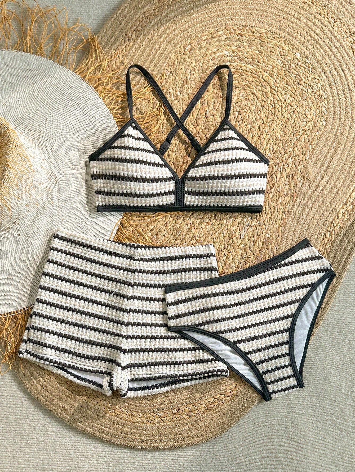 Kids Tween Girl/Tween Girls Black And White Stripe Tankini 3 PiecesBeach Pool Partywear Set, Shorts, Casual Holiday Beach Swimwear, Fashion Summer