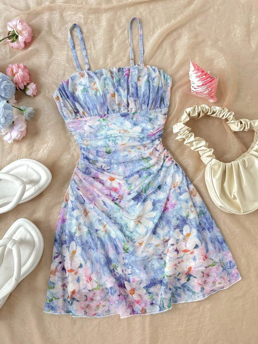 Apricot tween girls sleeveless halter cami dress with appliques, bow front, zipper detail, high waist, flared hem, and short slim fit design.