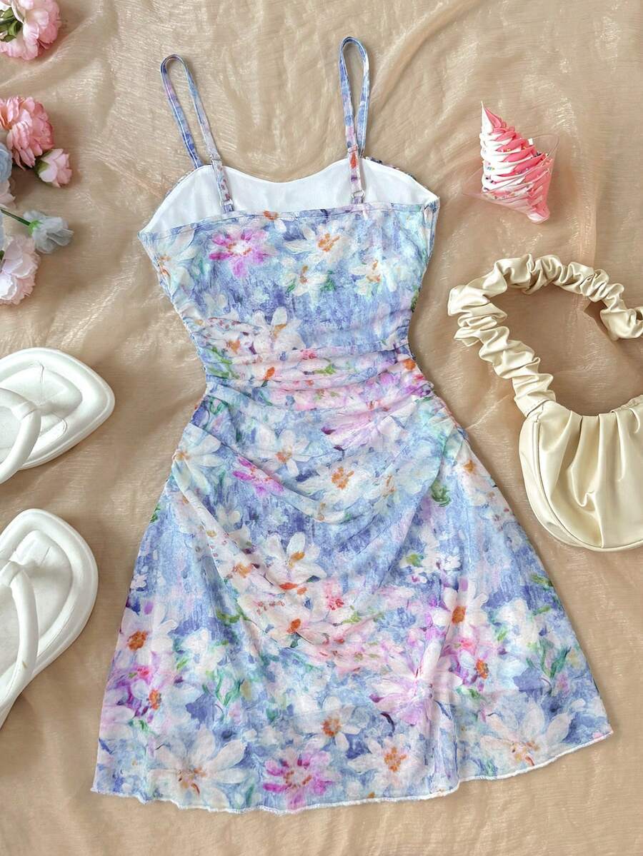 Apricot tween girls sleeveless halter cami dress with appliques, bow front, zipper detail, high waist, flared hem, and short slim fit design.