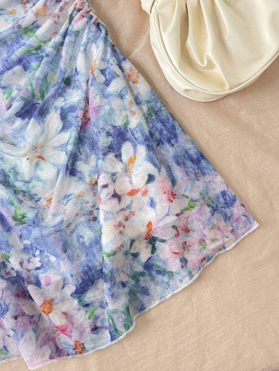 Tween girls blue sleeveless cami dress with spaghetti straps, ruched bust, short slim fit, and vacation-ready style