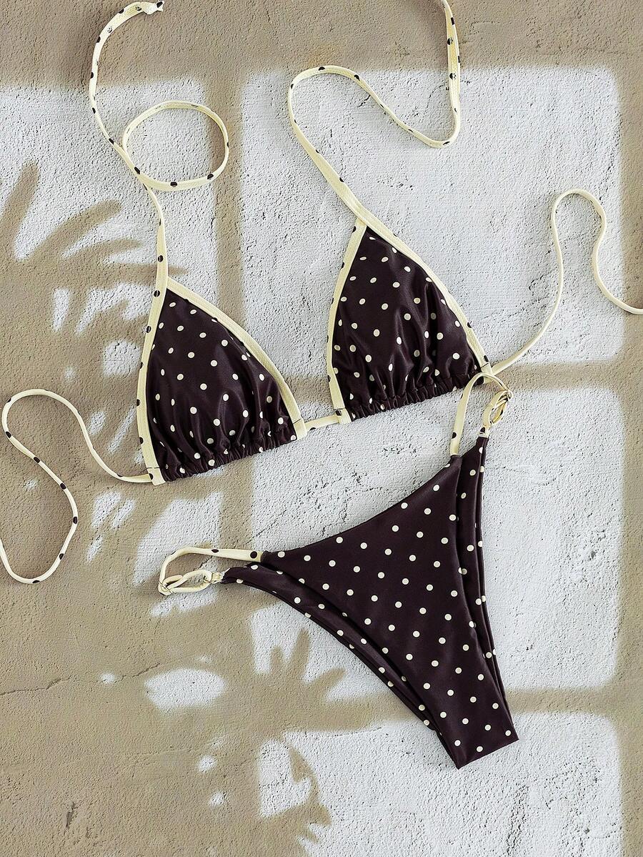 Multicolor bohemian bikini set for women featuring a backless halter top with knot details and high cut swimsuit bottoms.