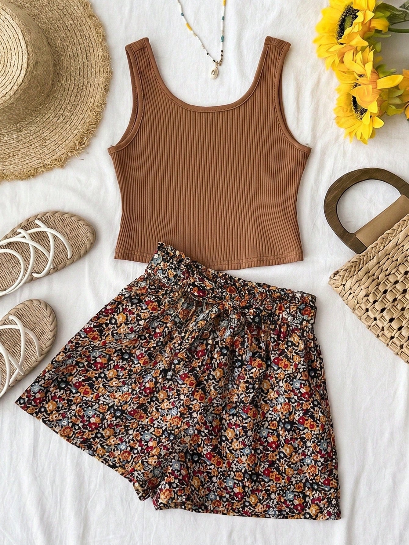 Tween girls 2-piece summer set featuring a turquoise blue ribbed tank top and tropical leaf pattern belted shorts.