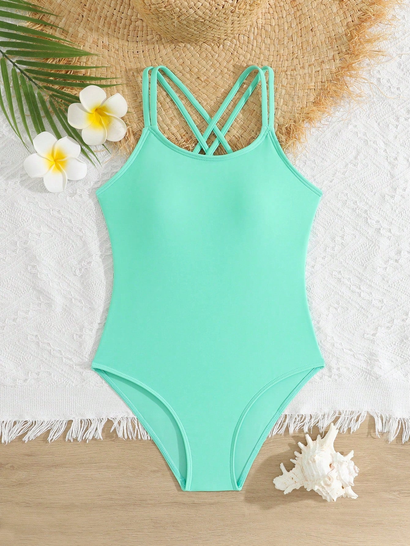 Tween Girls One-Piece Swimsuit With Adjustable Cross Straps, Suitable For Swimming, Summer Vacation, Beach And Seaside