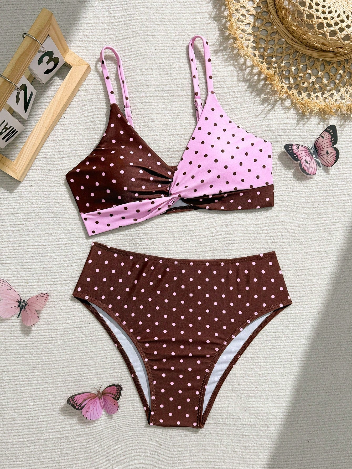 Tween girls multicolor striped 2-piece bikini set with spaghetti strap top, twist detail, and short high-waist or mid-waist swim bottoms for beach and pool wear.