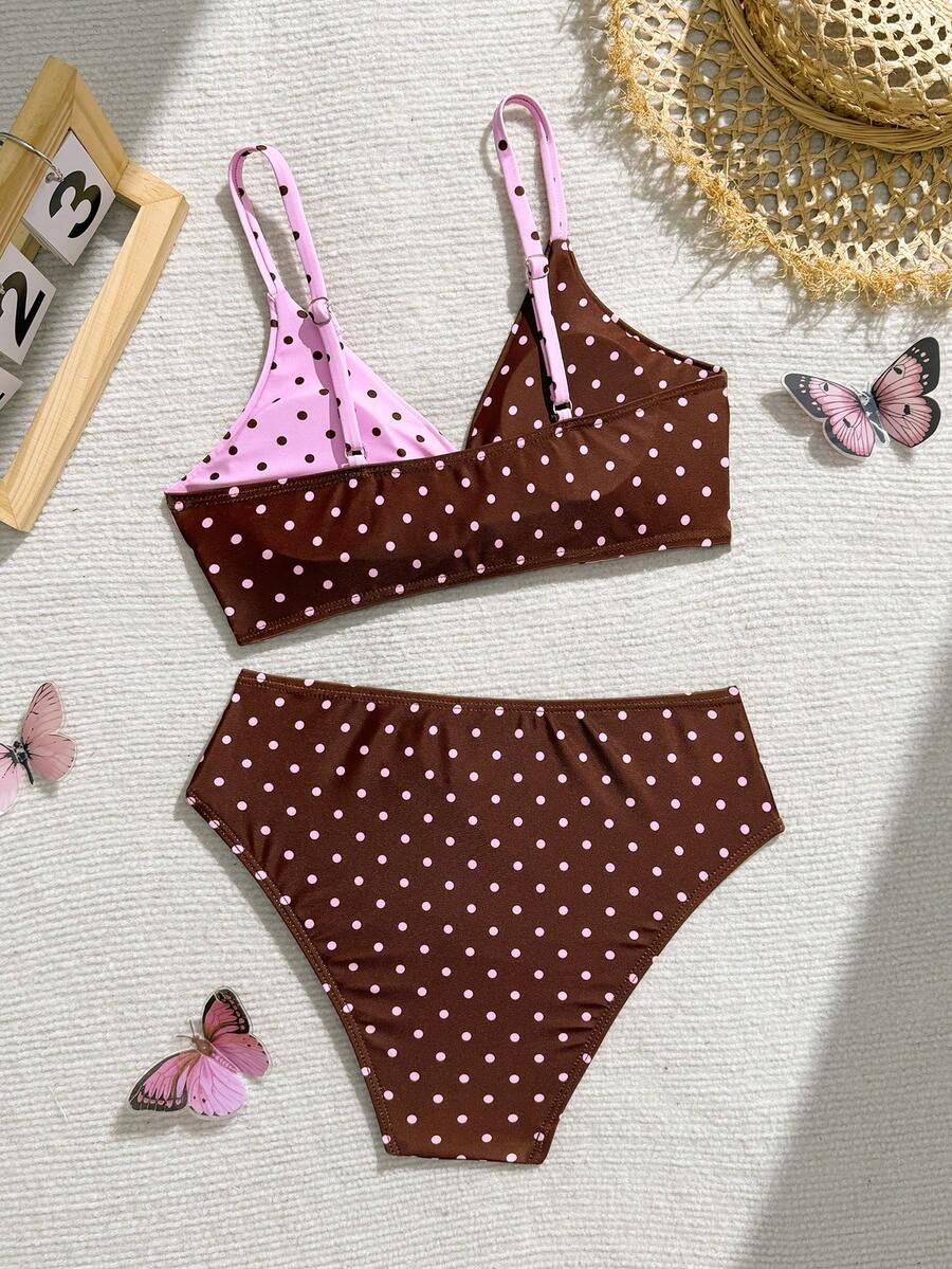 Tween girls multicolor striped 2-piece bikini set with spaghetti strap top, twist detail, and short high-waist or mid-waist swim bottoms for beach and pool wear.