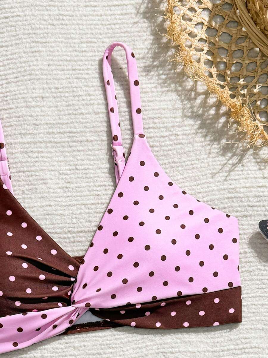 Tween girls multicolor striped 2-piece bikini set with spaghetti strap top, twist detail, and short high-waist or mid-waist swim bottoms for beach and pool wear.