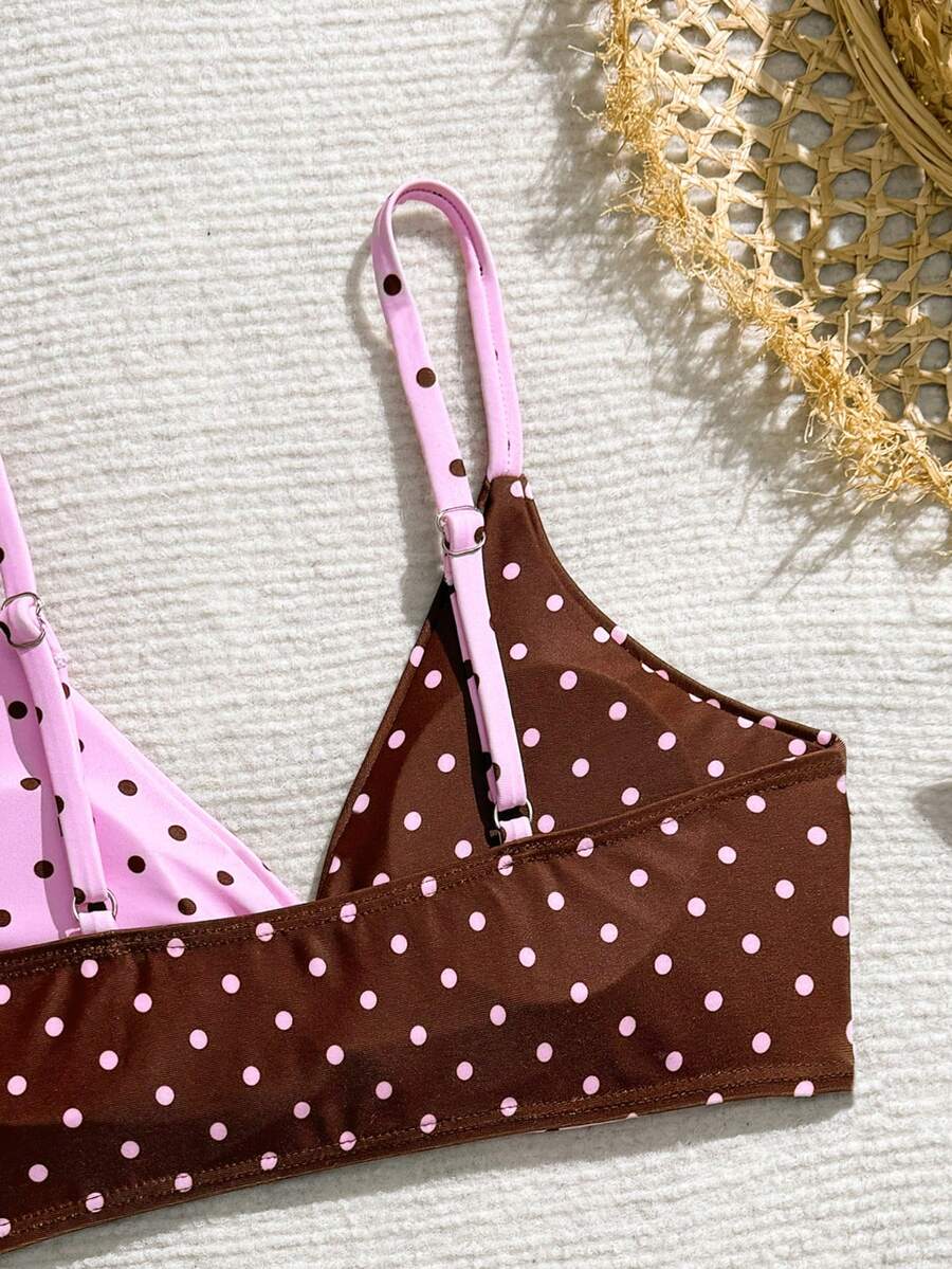 Tween girls multicolor striped 2-piece bikini set with spaghetti strap top, twist detail, and short high-waist or mid-waist swim bottoms for beach and pool wear.