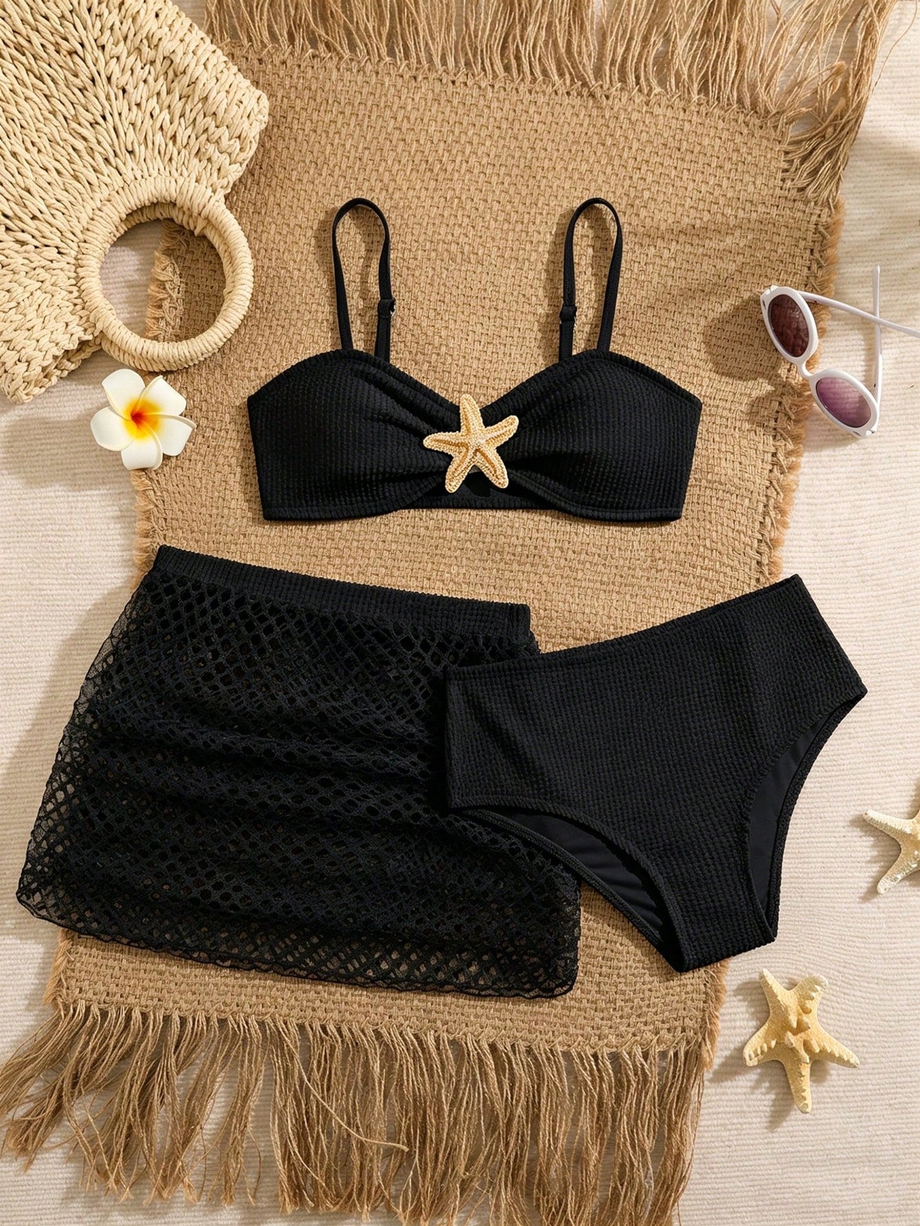 Pink Summer Cute Beach Holiday Tween Girl Elegant Bikini Set With Starfish Decor,Ruffle Beach Dress 3-Piece Children's Swimwear For Teenagers,Vacation