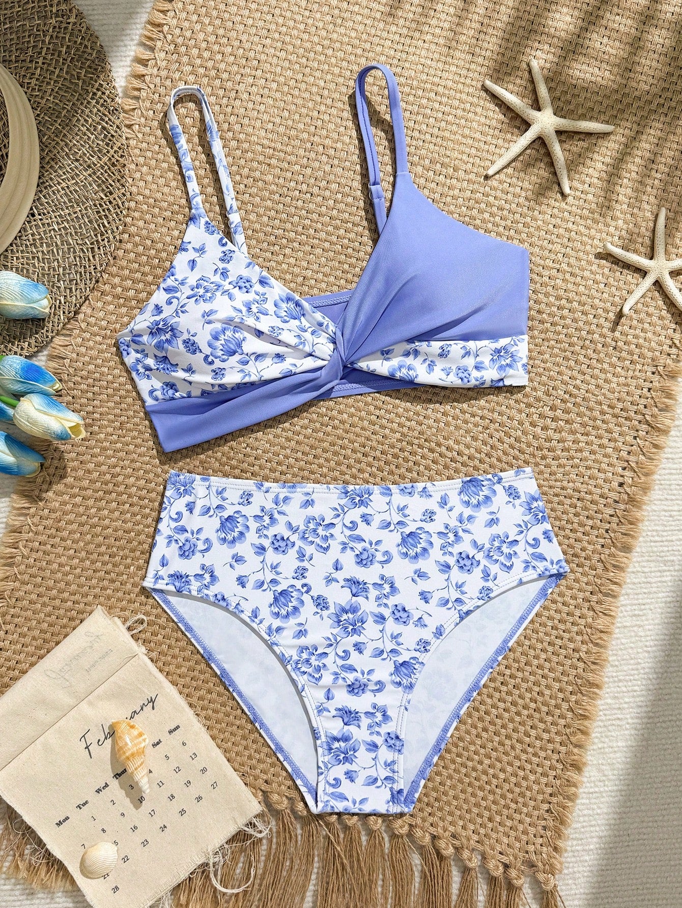 Tween girls multicolor striped 2-piece bikini set with spaghetti strap top, twist detail, and short high-waist or mid-waist swim bottoms for beach and pool wear.