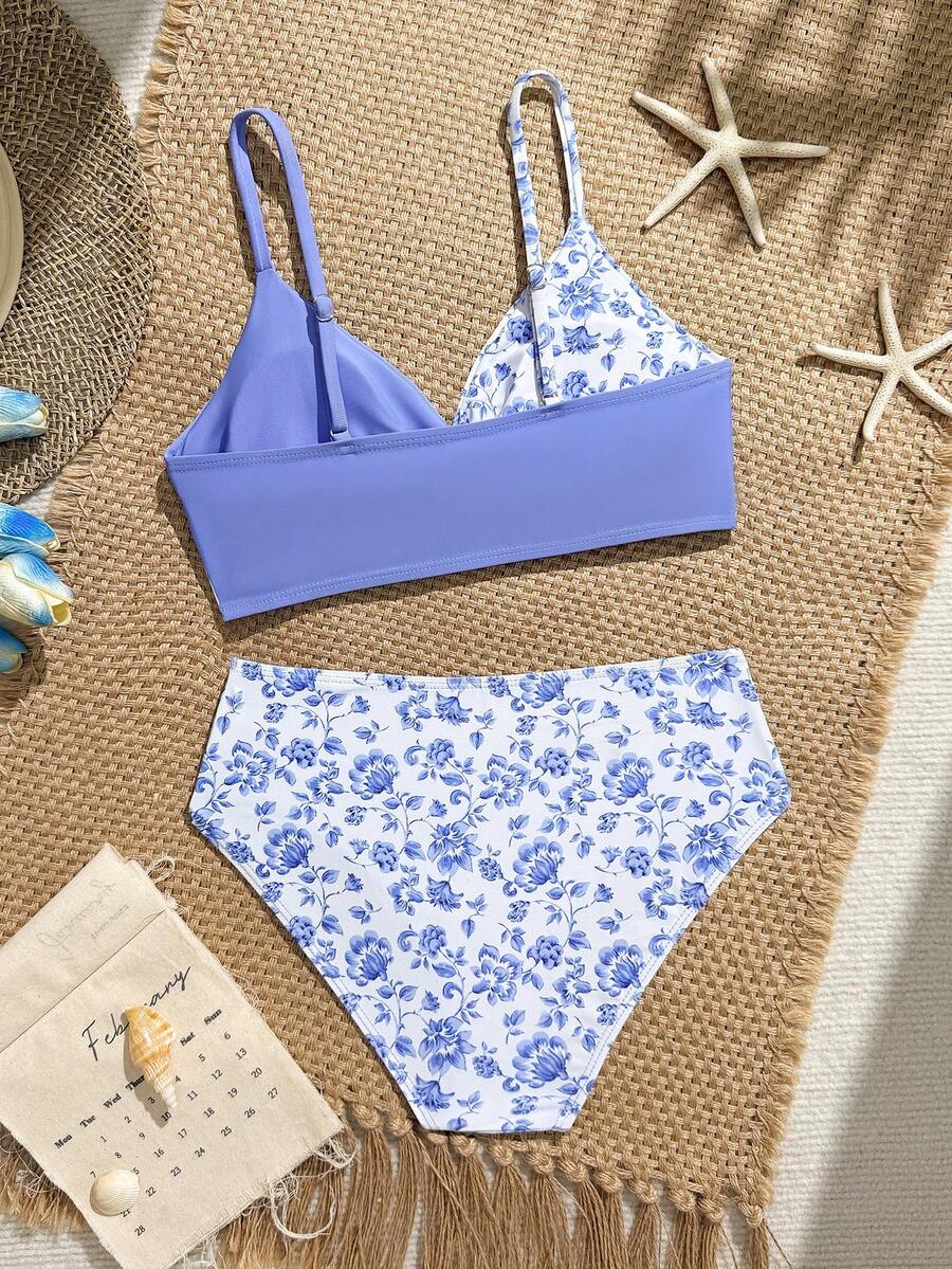 Tween girls multicolor striped 2-piece bikini set with spaghetti strap top, twist detail, and short high-waist or mid-waist swim bottoms for beach and pool wear.