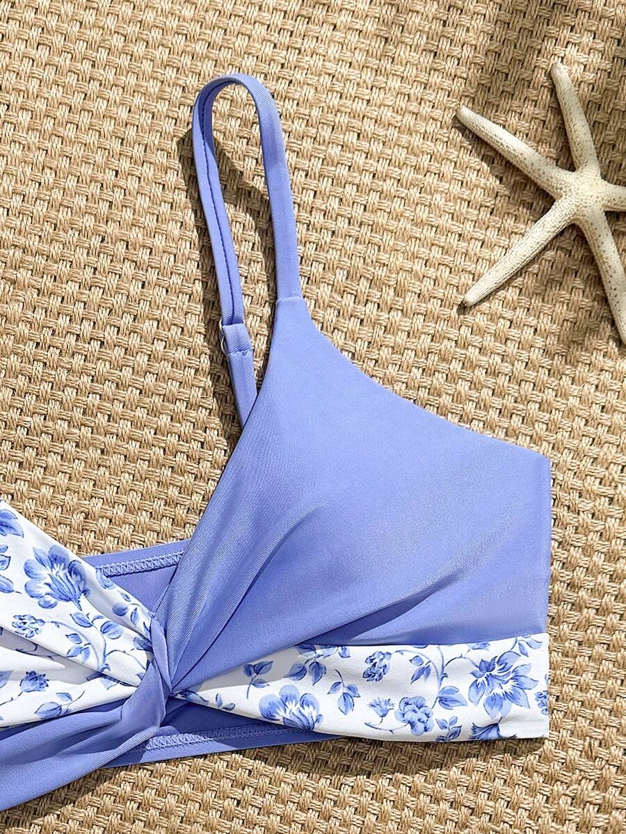 Tween girls multicolor striped 2-piece bikini set with spaghetti strap top, twist detail, and short high-waist or mid-waist swim bottoms for beach and pool wear.