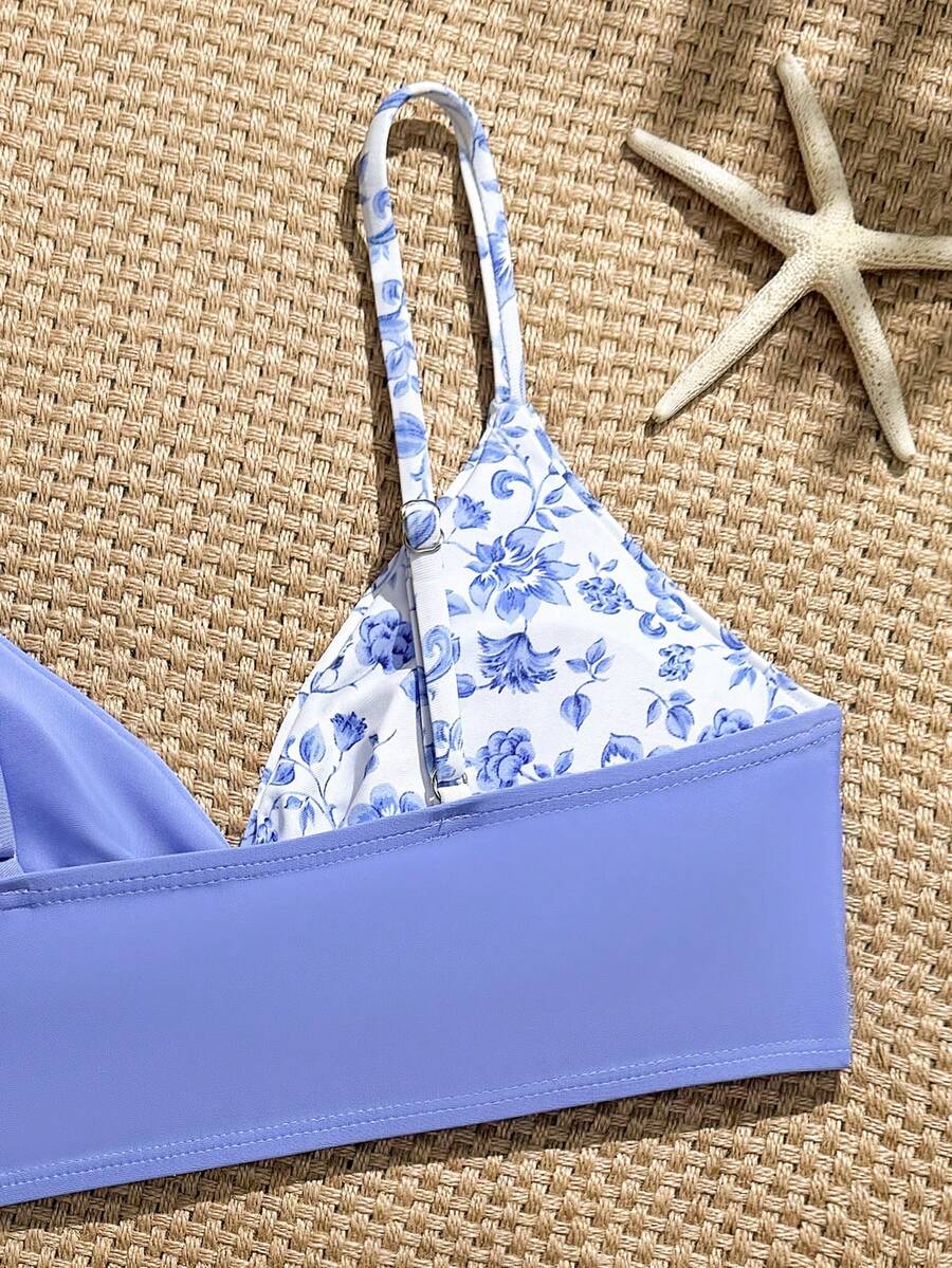 Tween girls multicolor striped 2-piece bikini set with spaghetti strap top, twist detail, and short high-waist or mid-waist swim bottoms for beach and pool wear.