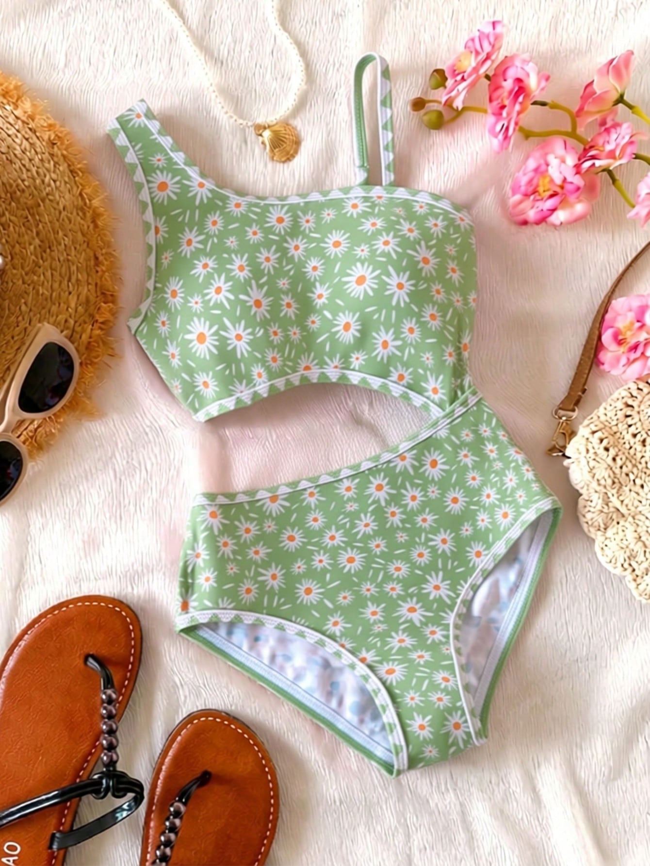 Tween girls one-piece swimsuit featuring an asymmetric neckline, pendant decor, plain design, wireless bra, high-cut bottom, and medium-stretch fabric.