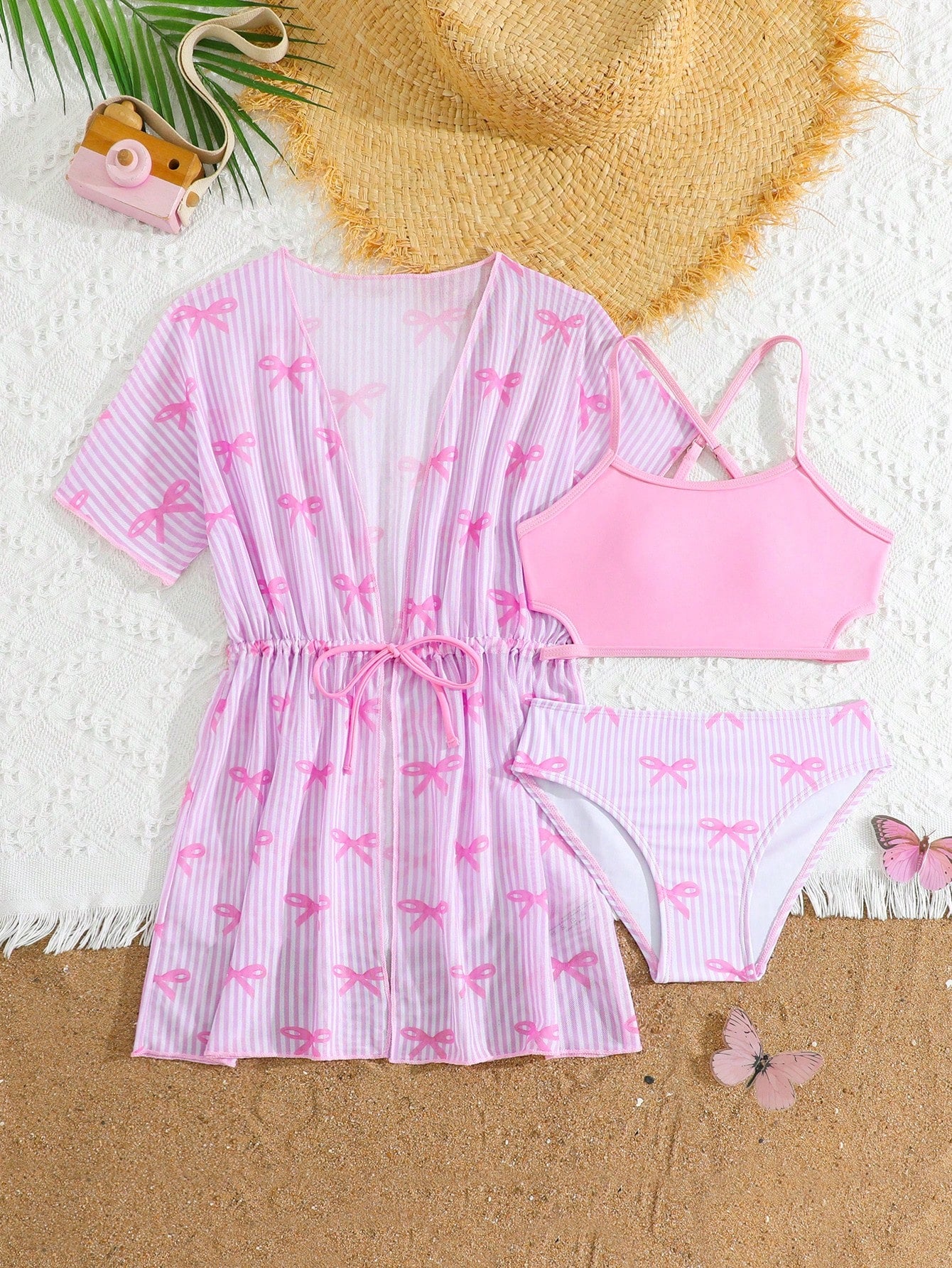 Tween girls 3-piece striped swimwear set featuring a tankini top, mid-waist bikini bottoms with a drawstring waist, and a matching kimono cover-up for beach or vacation wear.