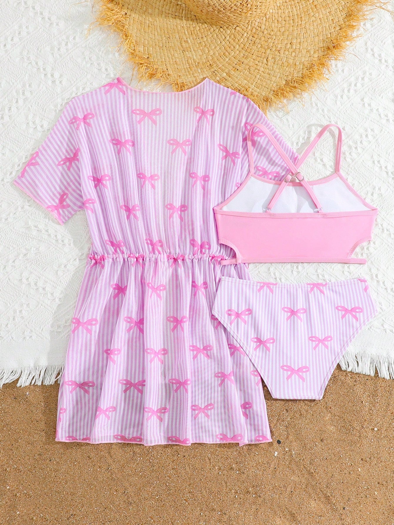 Tween girls 3-piece striped swimwear set featuring a tankini top, mid-waist bikini bottoms with a drawstring waist, and a matching kimono cover-up for beach or vacation wear.