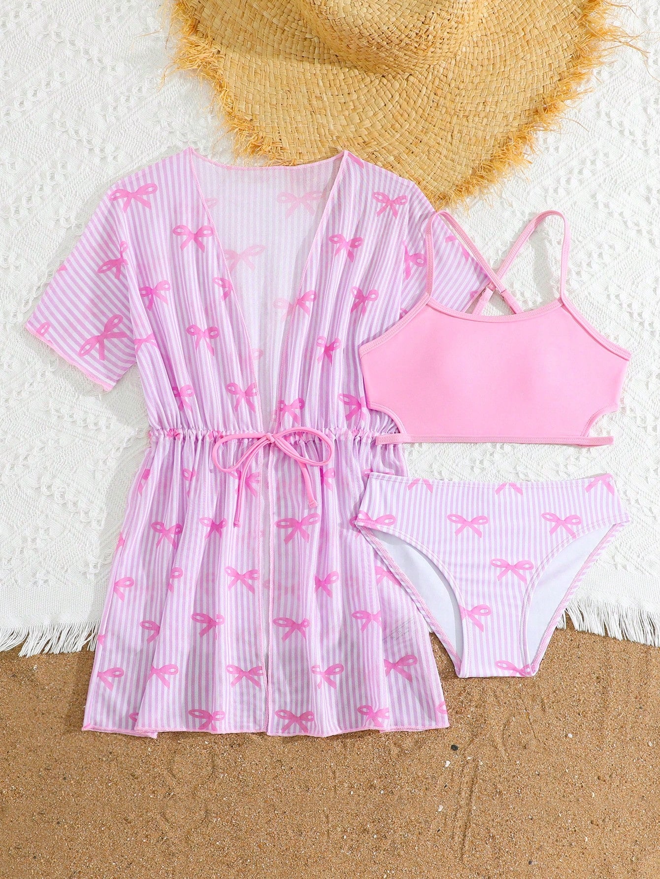 Tween girls 3-piece striped swimwear set featuring a tankini top, mid-waist bikini bottoms with a drawstring waist, and a matching kimono cover-up for beach or vacation wear.
