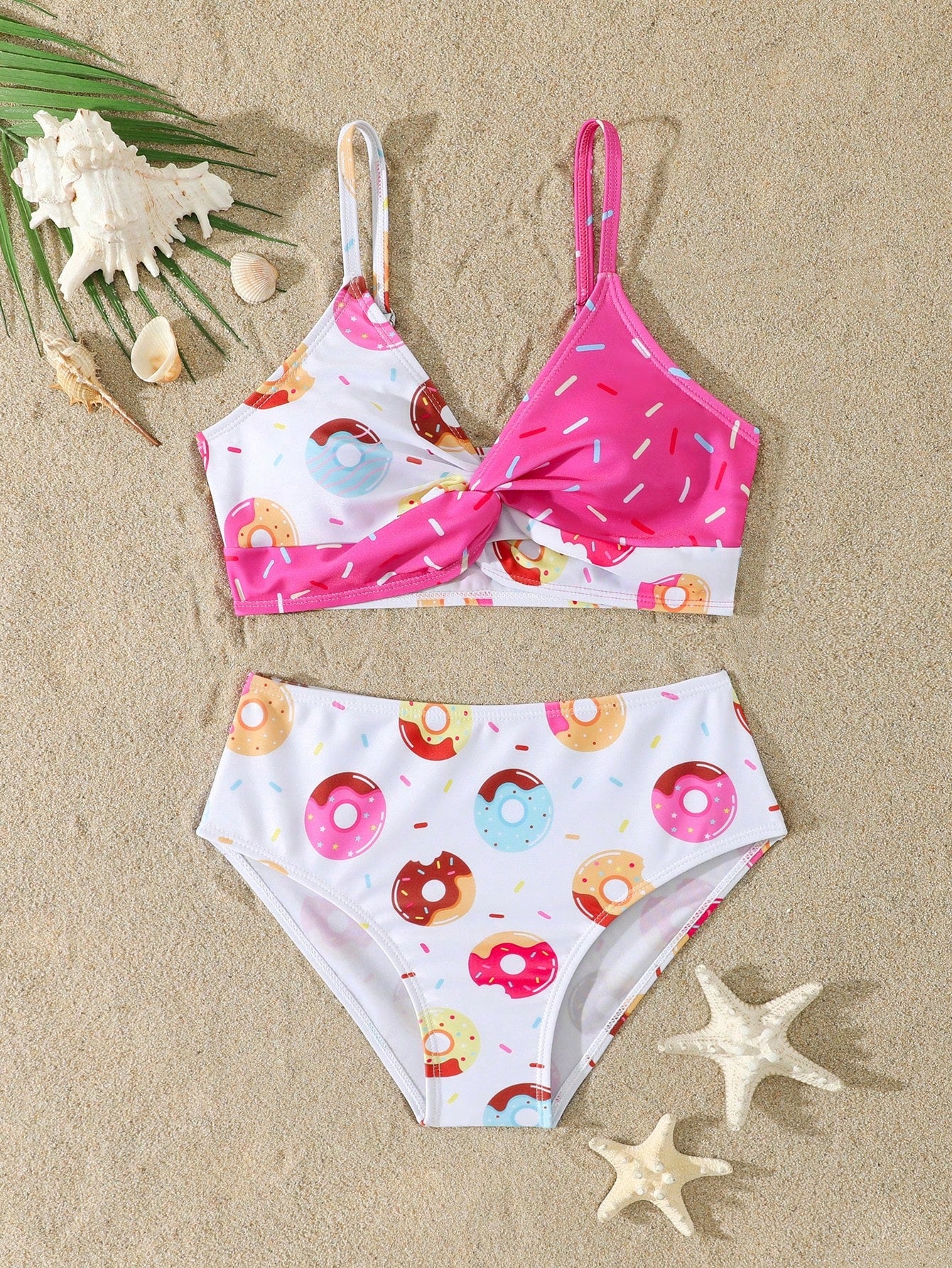 Tween girls multicolor striped 2-piece bikini set with spaghetti strap top, twist detail, and short high-waist or mid-waist swim bottoms for beach and pool wear.