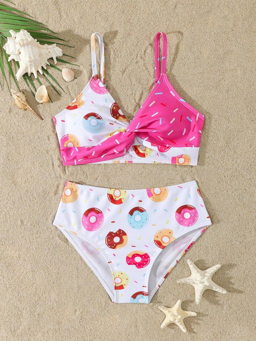 Tween girls multicolor striped 2-piece bikini set with spaghetti strap top, twist detail, and short high-waist or mid-waist swim bottoms for beach and pool wear.