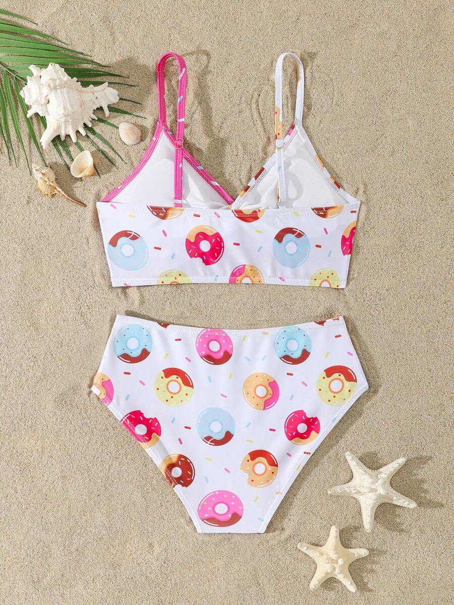 Tween girls multicolor striped 2-piece bikini set with spaghetti strap top, twist detail, and short high-waist or mid-waist swim bottoms for beach and pool wear.