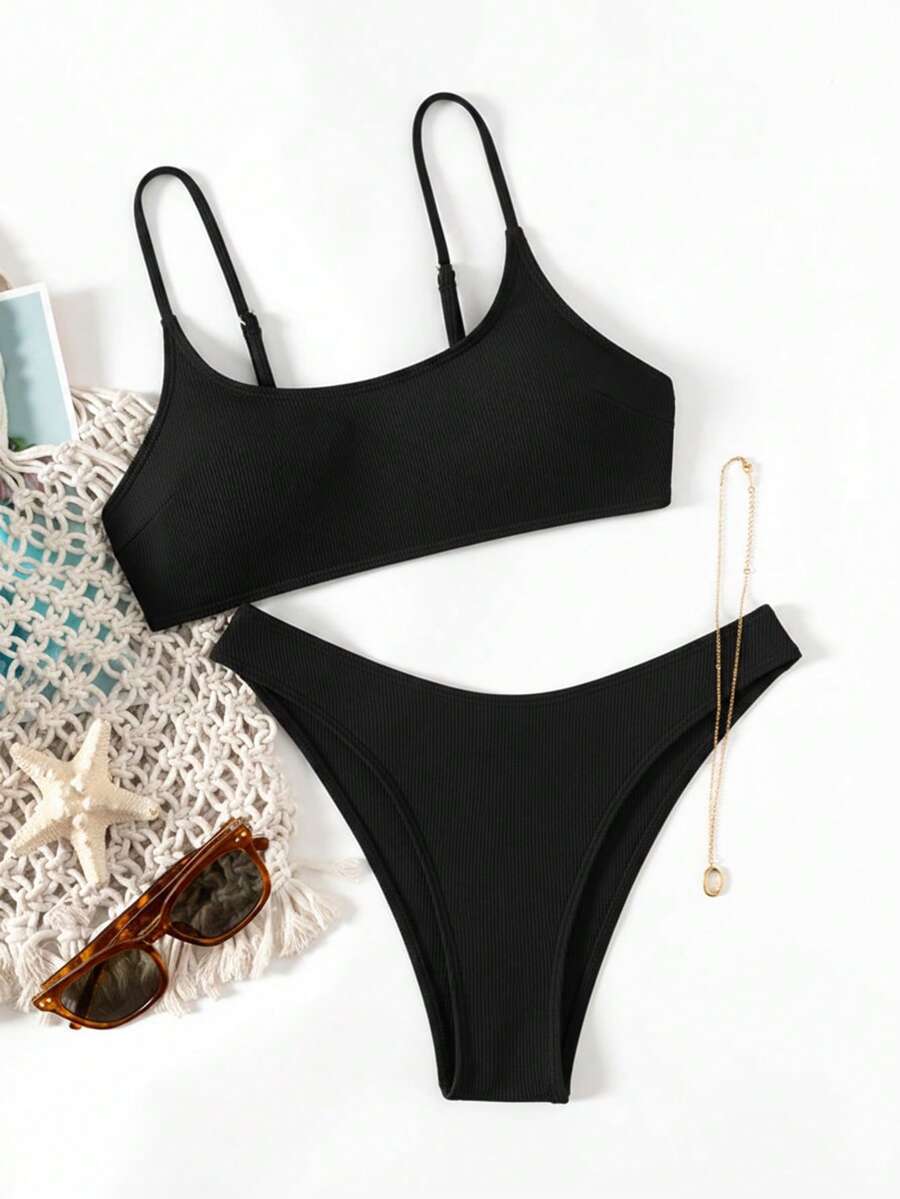 Apricot ribbed high waist two piece bikini swimsuit set for women featuring backless spaghetti strap top and high waisted bottoms.