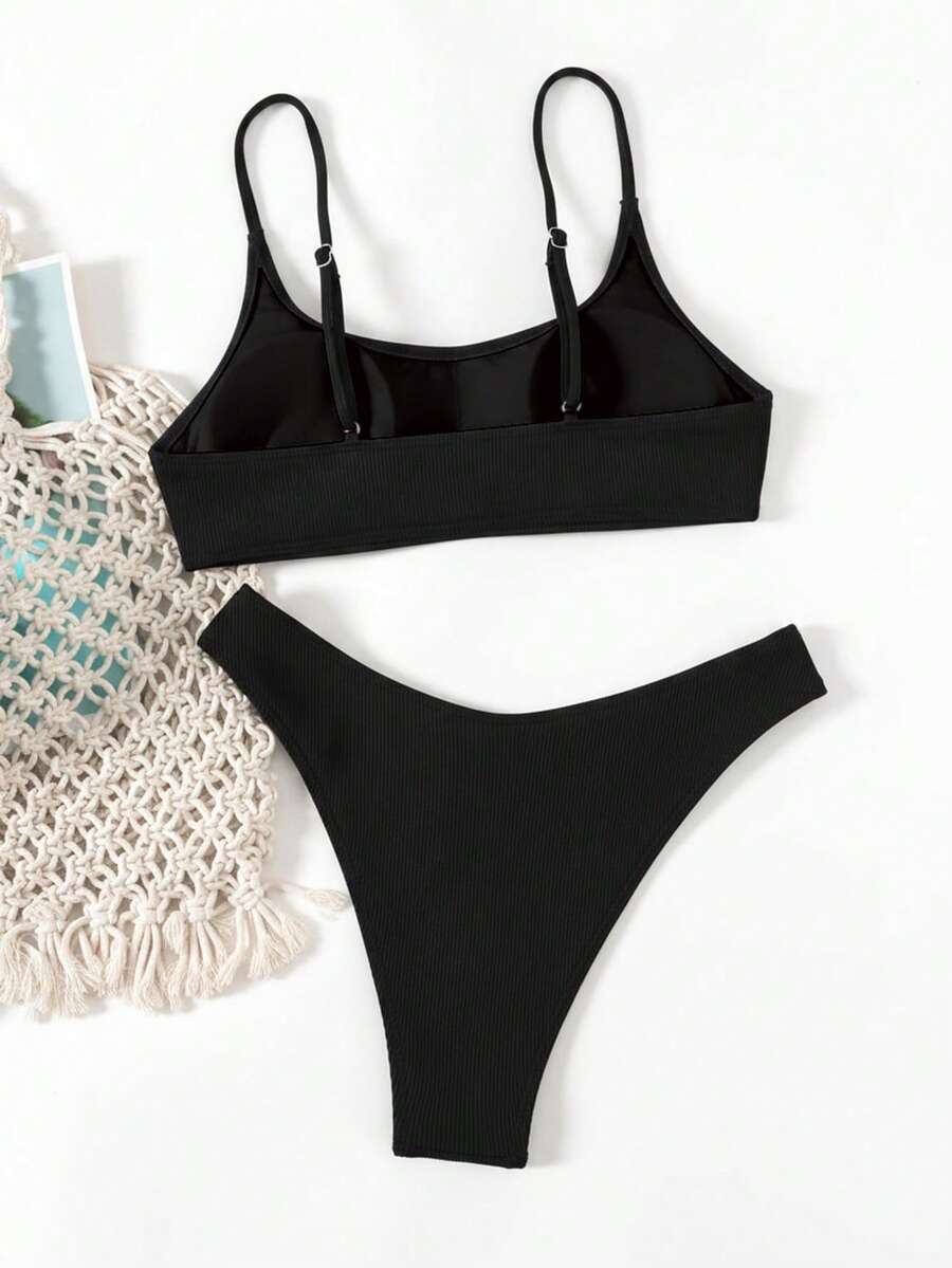 Apricot ribbed high waist two piece bikini swimsuit set for women featuring backless spaghetti strap top and high waisted bottoms.
