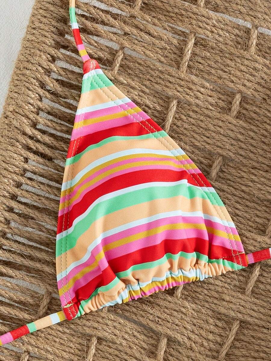 Women's striped halter two-piece swimsuit featuring a lace-up triangle top with removable padding and high-cut low-waist bikini bottoms.
