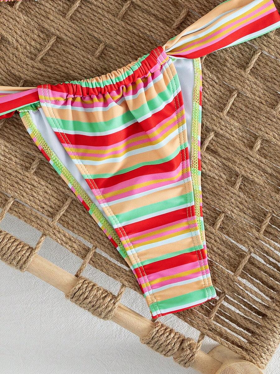 Women's striped halter two-piece swimsuit featuring a lace-up triangle top with removable padding and high-cut low-waist bikini bottoms.