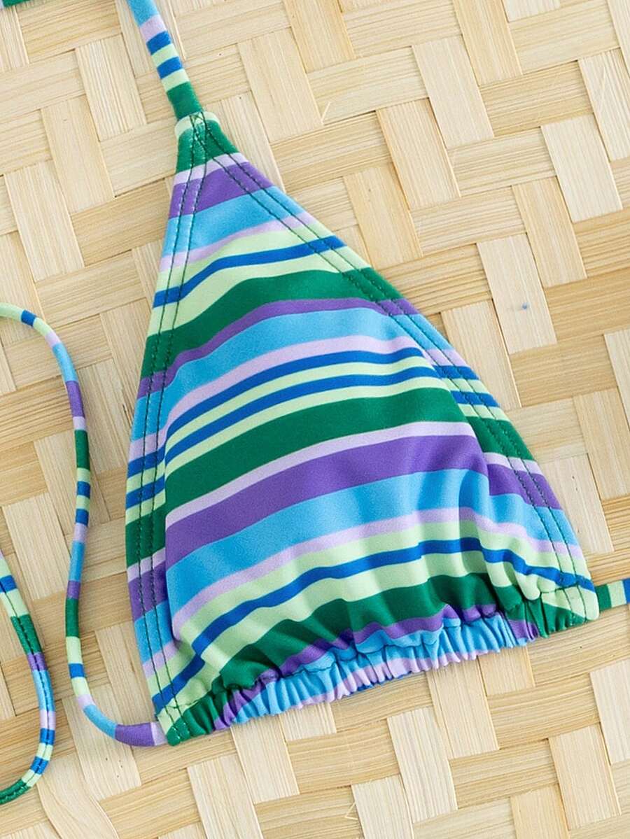 Women's striped halter two-piece swimsuit featuring a lace-up triangle top with removable padding and high-cut low-waist bikini bottoms.