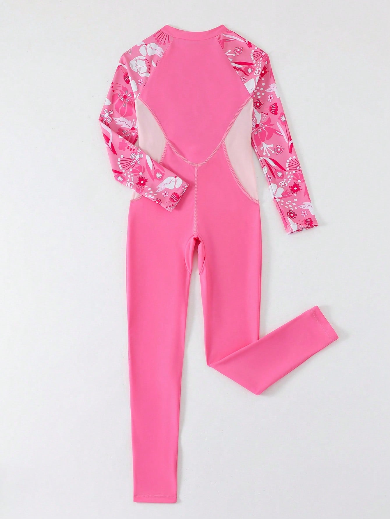 Tween girls black one-piece swimsuit with long sleeves, high neck, zipper detail, graphic leopard heart print, and fitted full-coverage swimwear style.