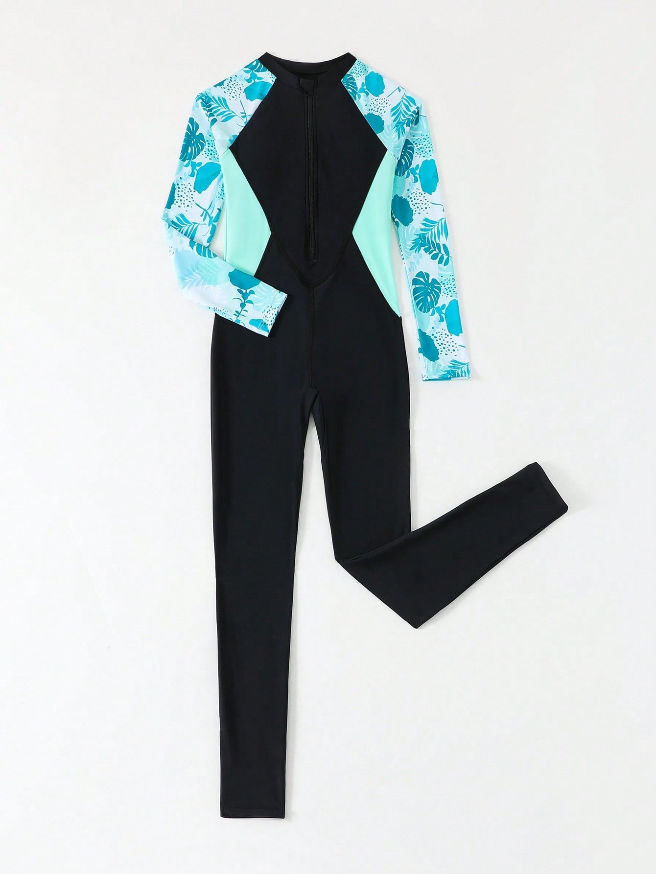 Tween girls black one-piece swimsuit with long sleeves, high neck, zipper detail, graphic leopard heart print, and fitted full-coverage swimwear style.
