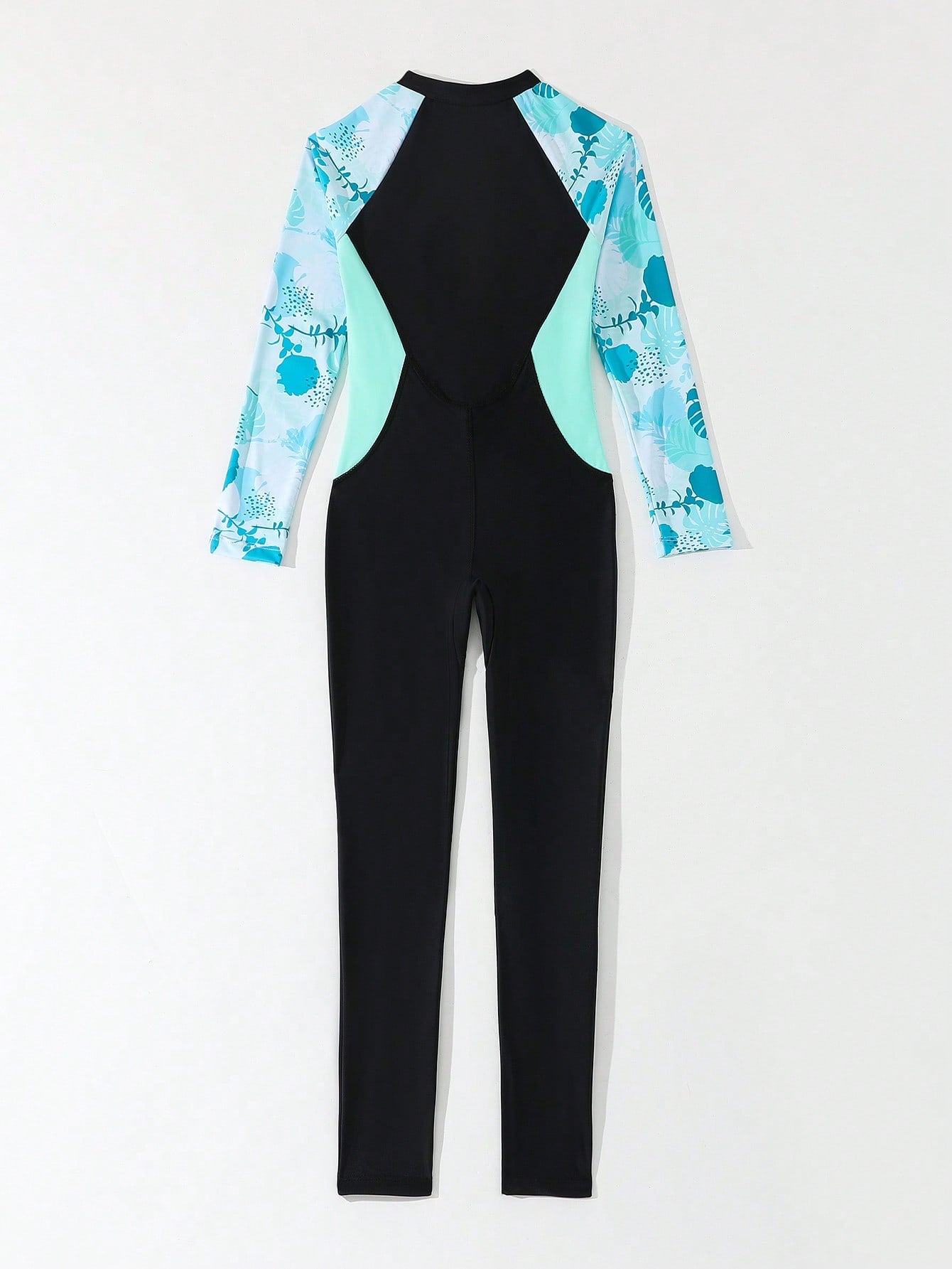 Tween girls black one-piece swimsuit with long sleeves, high neck, zipper detail, graphic leopard heart print, and fitted full-coverage swimwear style.