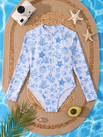 Tween girls one-piece rash guard swimsuit with long sleeves, high neck, front zipper, and ocean shell graphic print in a fitted style for beach, swimming, and vacation wear.