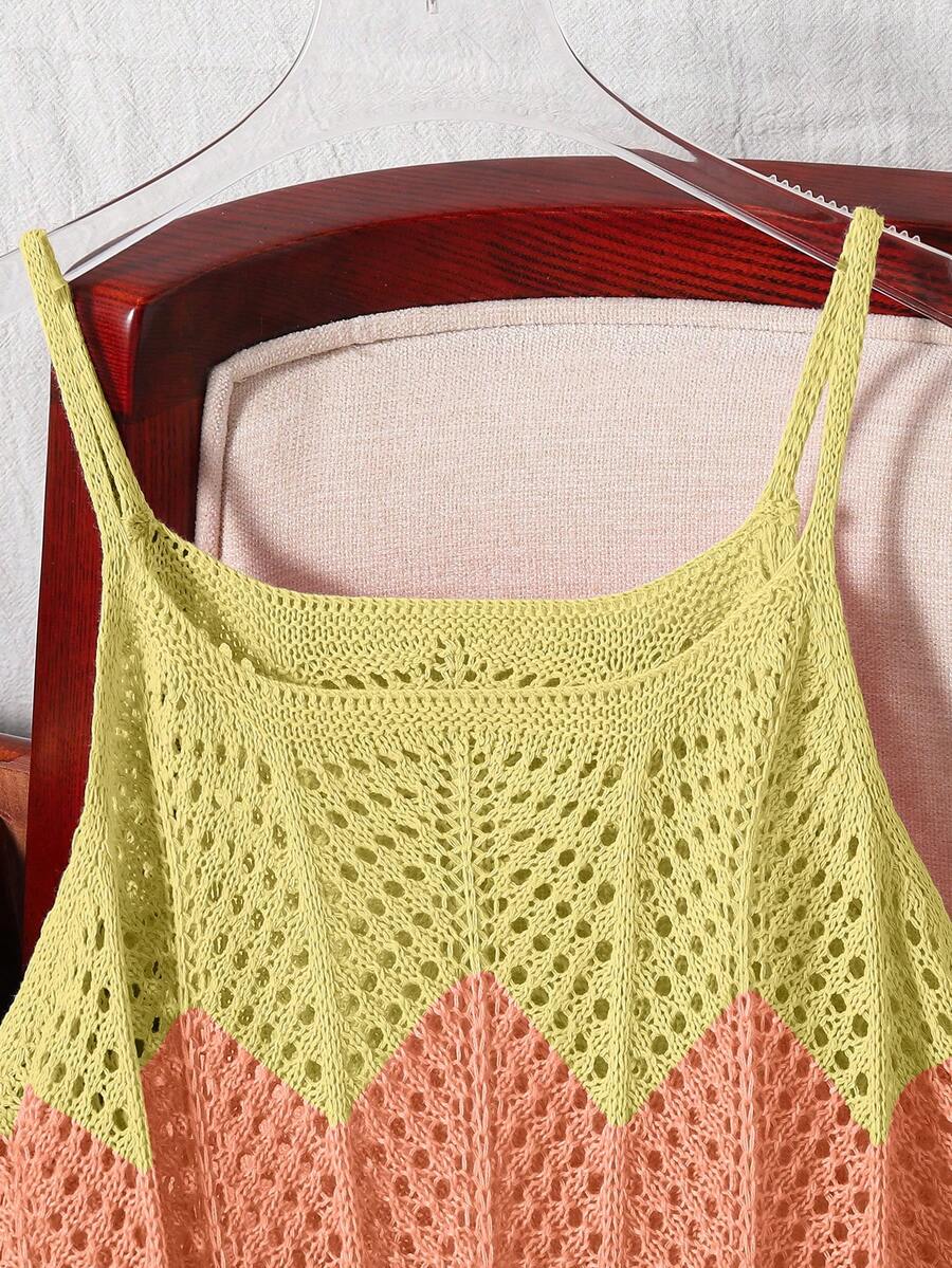 Girls' multicolor rainbow gradient crochet beach cover up with hollow-out knit design, spaghetti straps, sleeveless A-line shape, and semi-sheer finish.