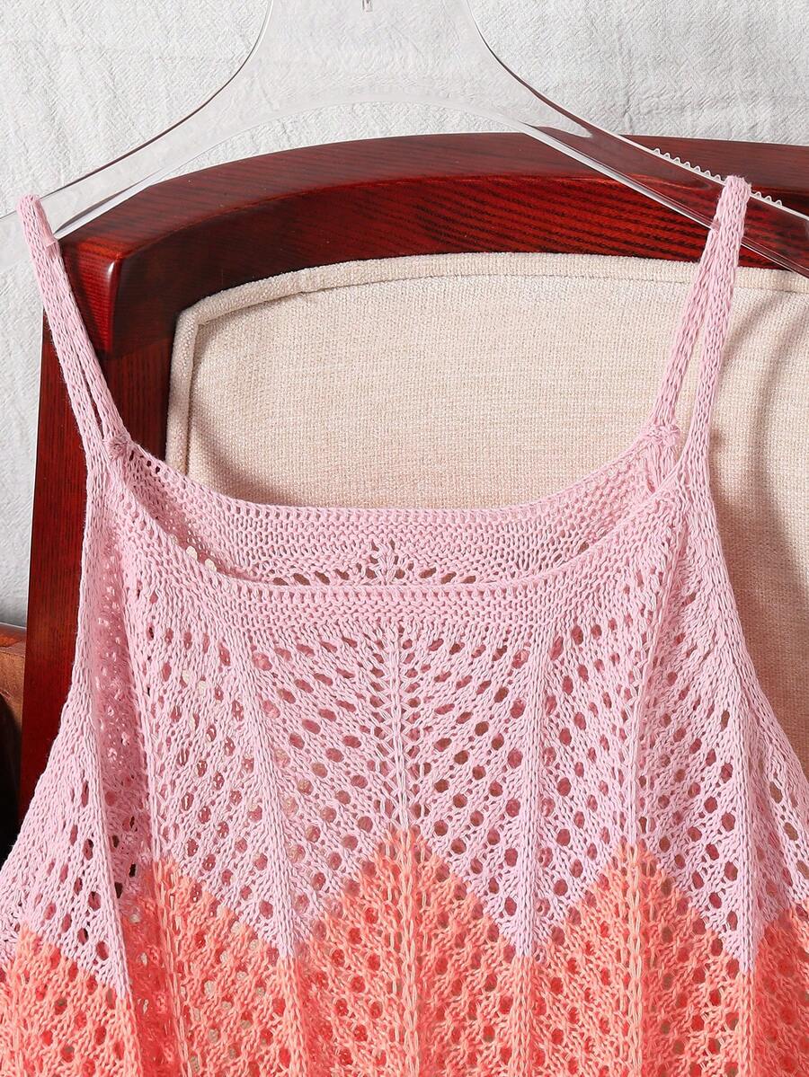 Girls' multicolor rainbow gradient crochet beach cover up with hollow-out knit design, spaghetti straps, sleeveless A-line shape, and semi-sheer finish.