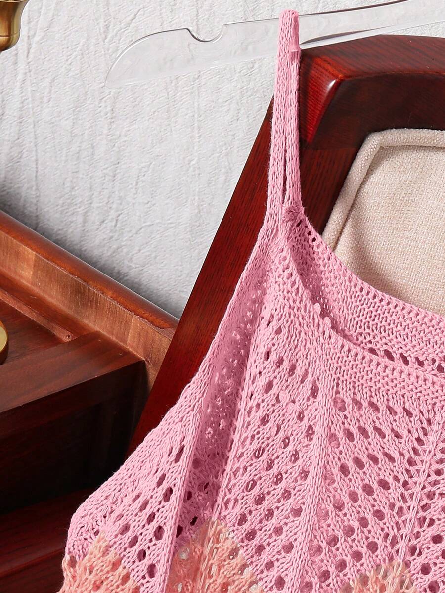 Girls' multicolor rainbow gradient crochet beach cover up with hollow-out knit design, spaghetti straps, sleeveless A-line shape, and semi-sheer finish.