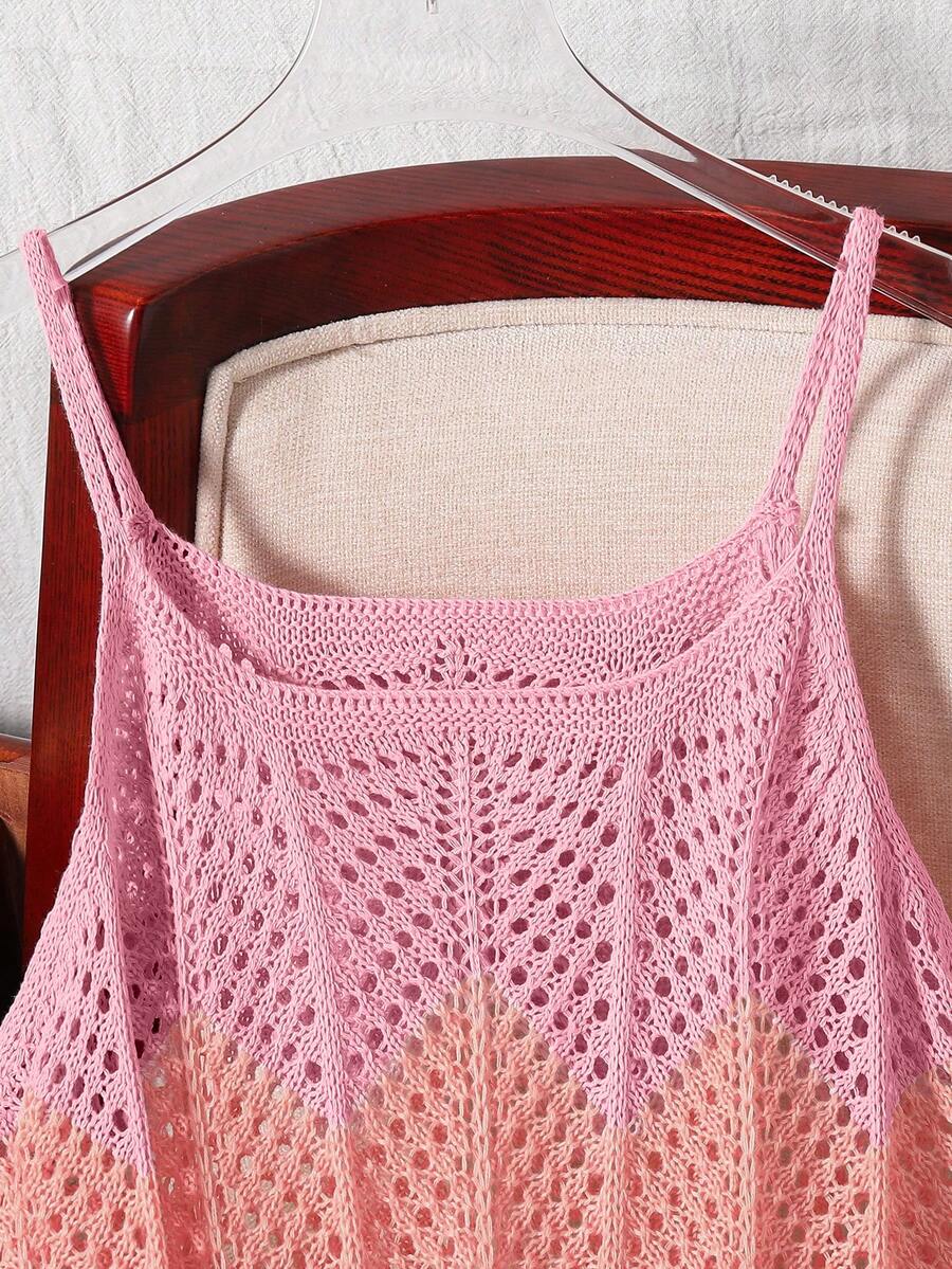 Girls' multicolor rainbow gradient crochet beach cover up with hollow-out knit design, spaghetti straps, sleeveless A-line shape, and semi-sheer finish.