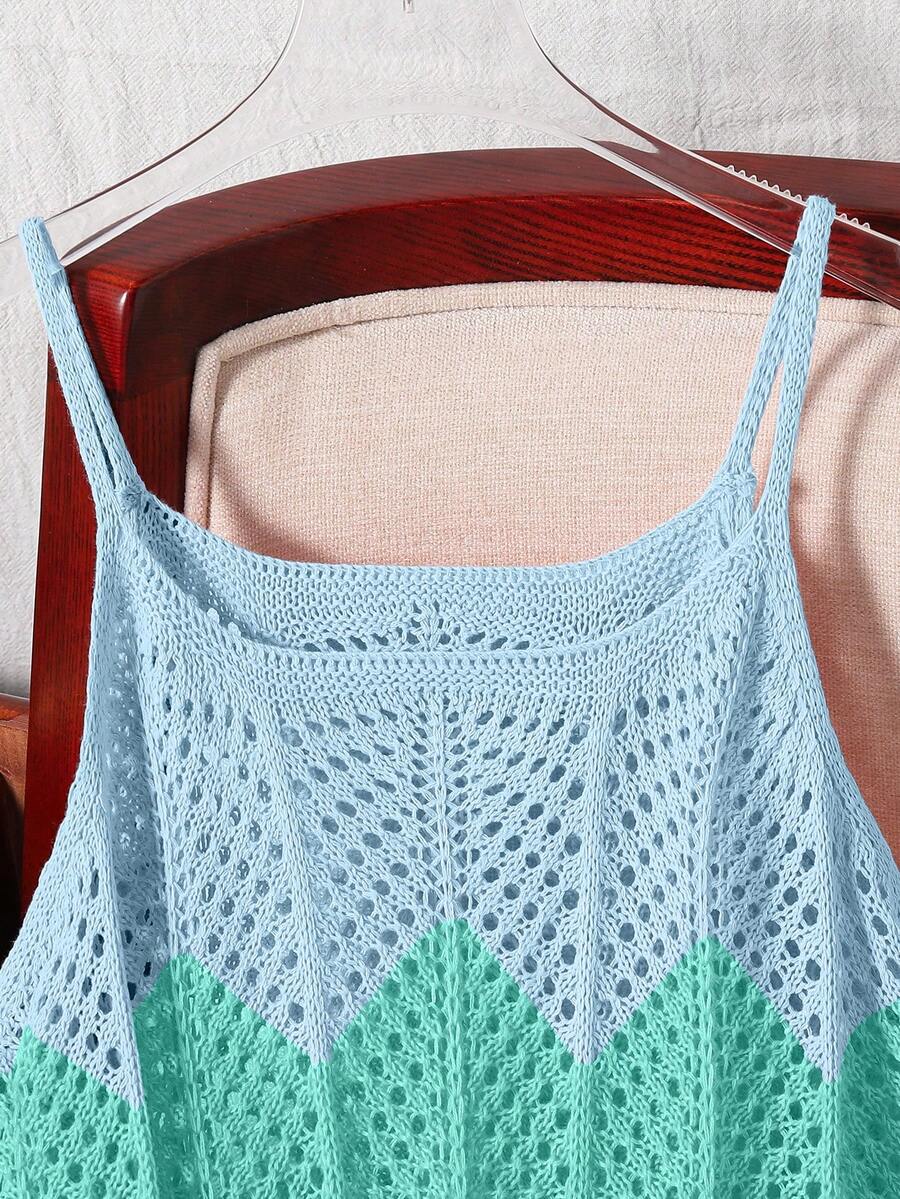 Girls' multicolor rainbow gradient crochet beach cover up with hollow-out knit design, spaghetti straps, sleeveless A-line shape, and semi-sheer finish.