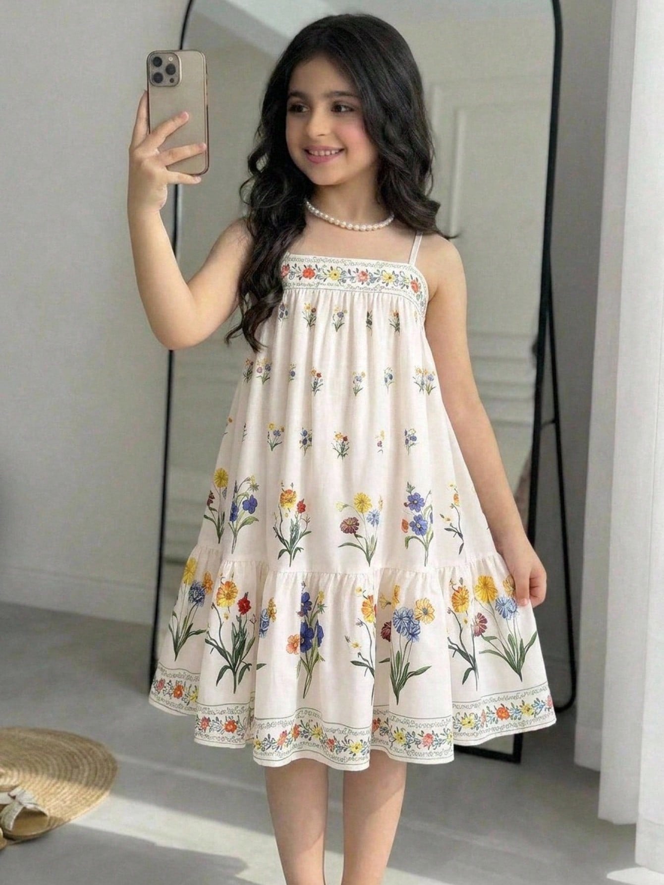 Green ditsy floral print cami dress for tween girls featuring sleeveless spaghetti straps, a ruched high waist, and a short flared hem.