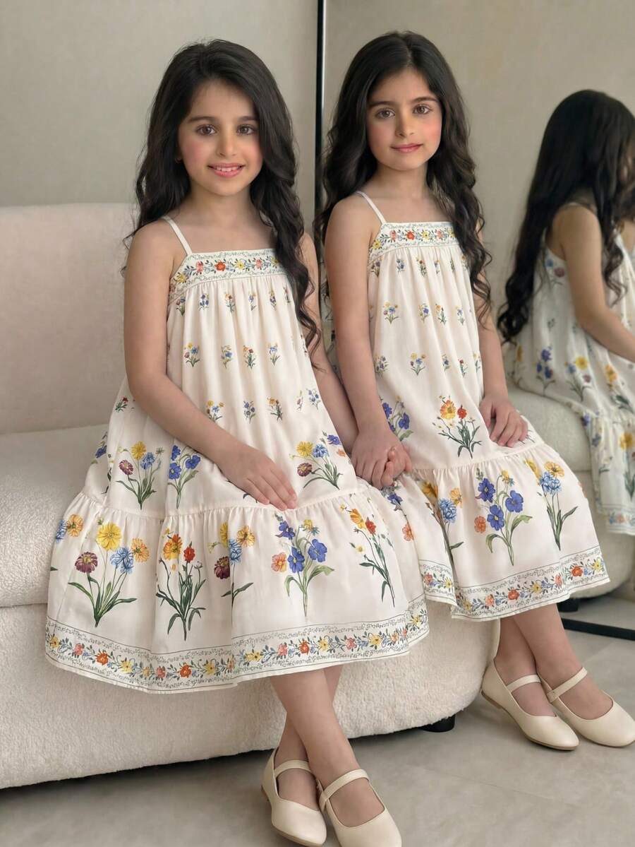 Green ditsy floral print cami dress for tween girls featuring sleeveless spaghetti straps, a ruched high waist, and a short flared hem.