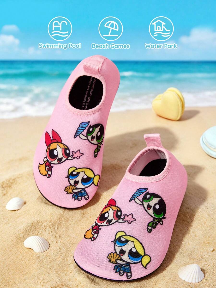 Girls cartoon pattern non-slip water shoes with slip-on closure and durable TPR outsole for beach and outdoor sports.