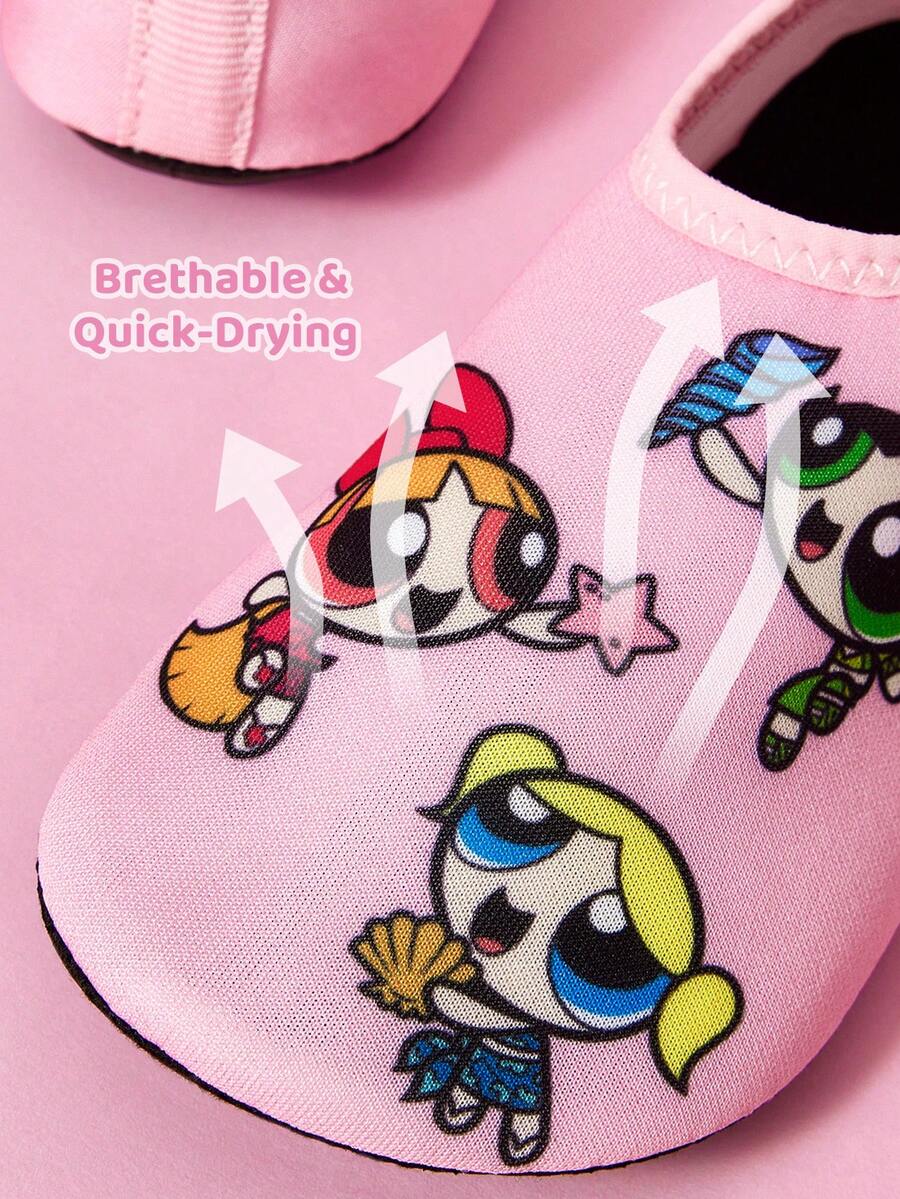 Girls cartoon pattern non-slip water shoes with slip-on closure and durable TPR outsole for beach and outdoor sports.