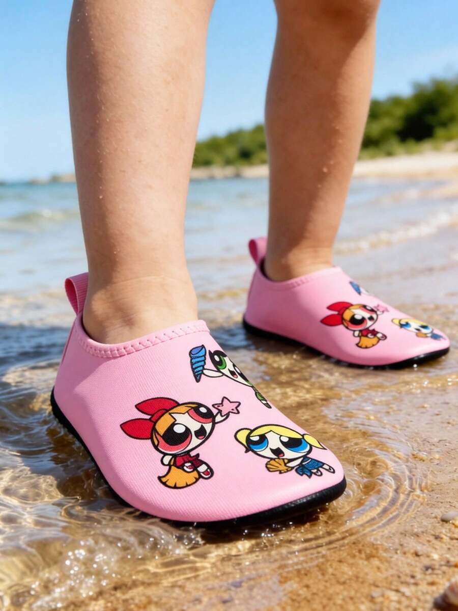 Girls cartoon pattern non-slip water shoes with slip-on closure and durable TPR outsole for beach and outdoor sports.