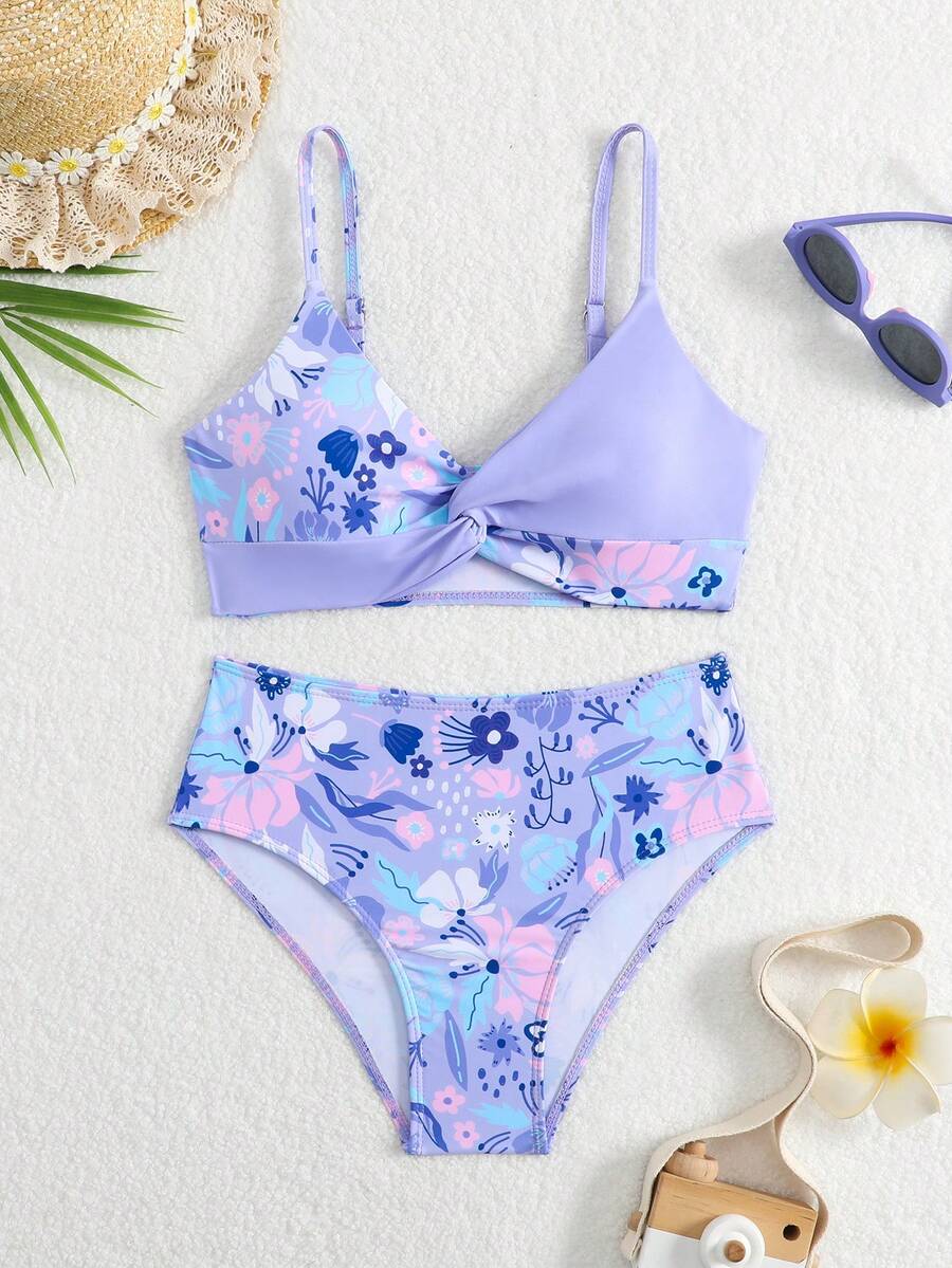 Tween girls multicolor striped 2-piece bikini set with spaghetti strap top, twist detail, and short high-waist or mid-waist swim bottoms for beach and pool wear.