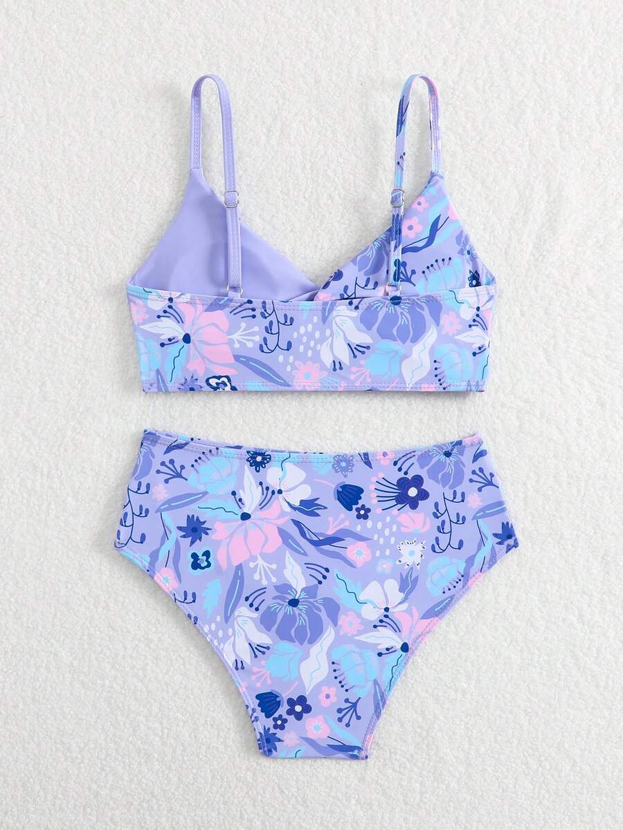 Tween girls multicolor striped 2-piece bikini set with spaghetti strap top, twist detail, and short high-waist or mid-waist swim bottoms for beach and pool wear.