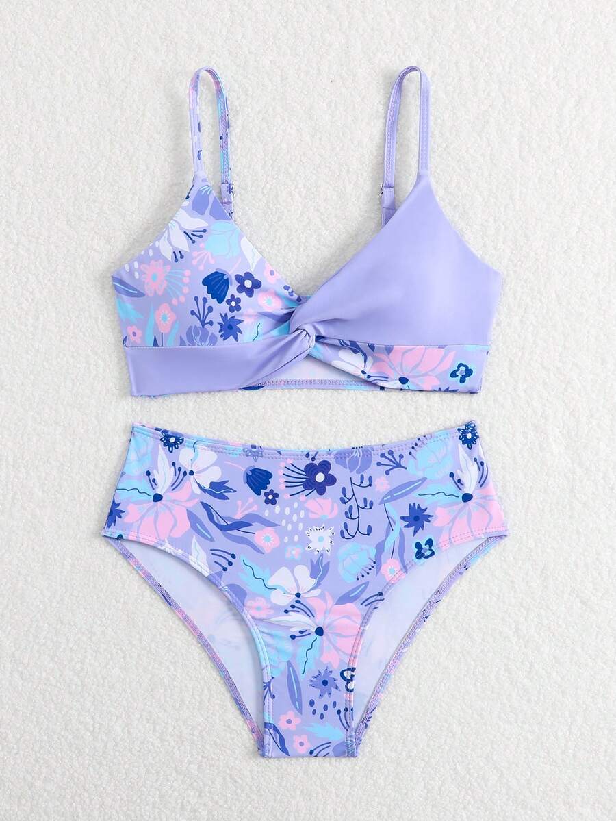 Tween girls multicolor striped 2-piece bikini set with spaghetti strap top, twist detail, and short high-waist or mid-waist swim bottoms for beach and pool wear.