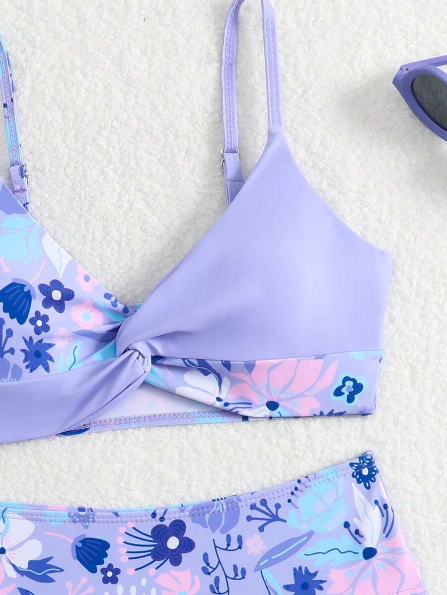 Tween girls multicolor striped 2-piece bikini set with spaghetti strap top, twist detail, and short high-waist or mid-waist swim bottoms for beach and pool wear.