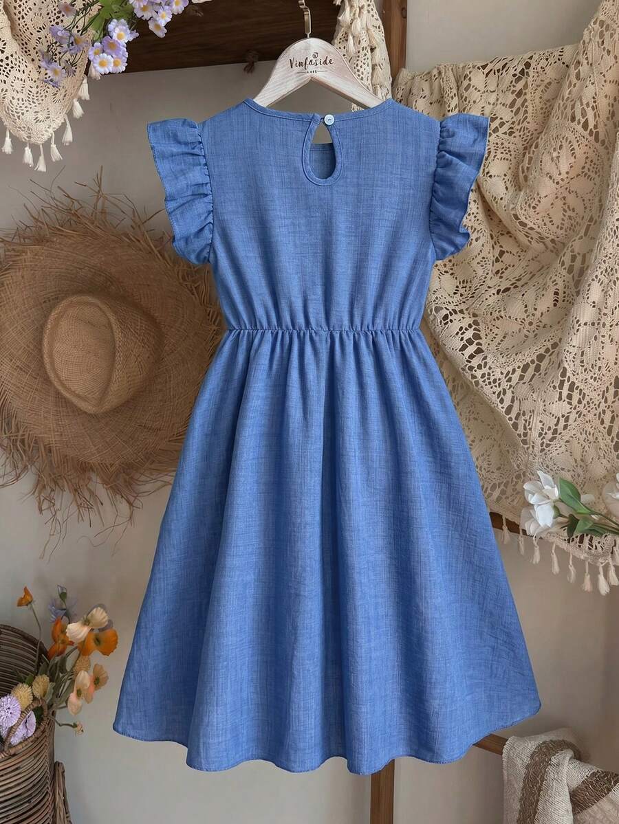 Tween girls dusty blue casual A-line dress with round neck, ruffle accents, high waist, and flared hem.